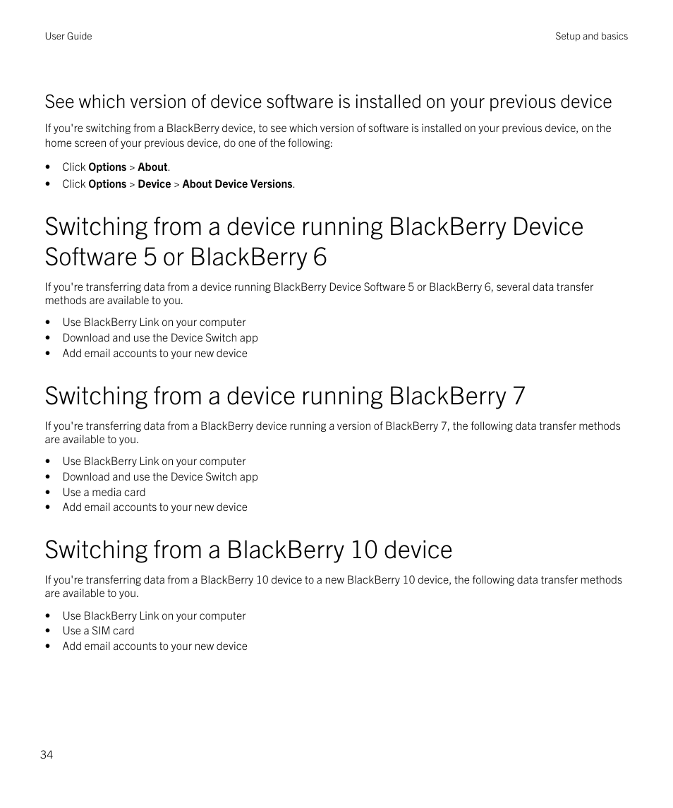 Switching from a device running blackberry 7, Switching from a blackberry 10 device | Blackberry Passport User Manual | Page 34 / 278