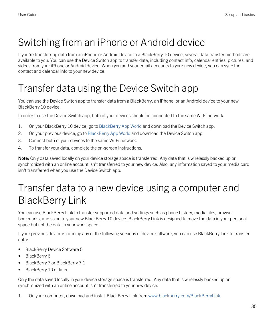 Switching from an iphone or android device, Transfer data using the device switch app | Blackberry Passport User Manual | Page 35 / 278