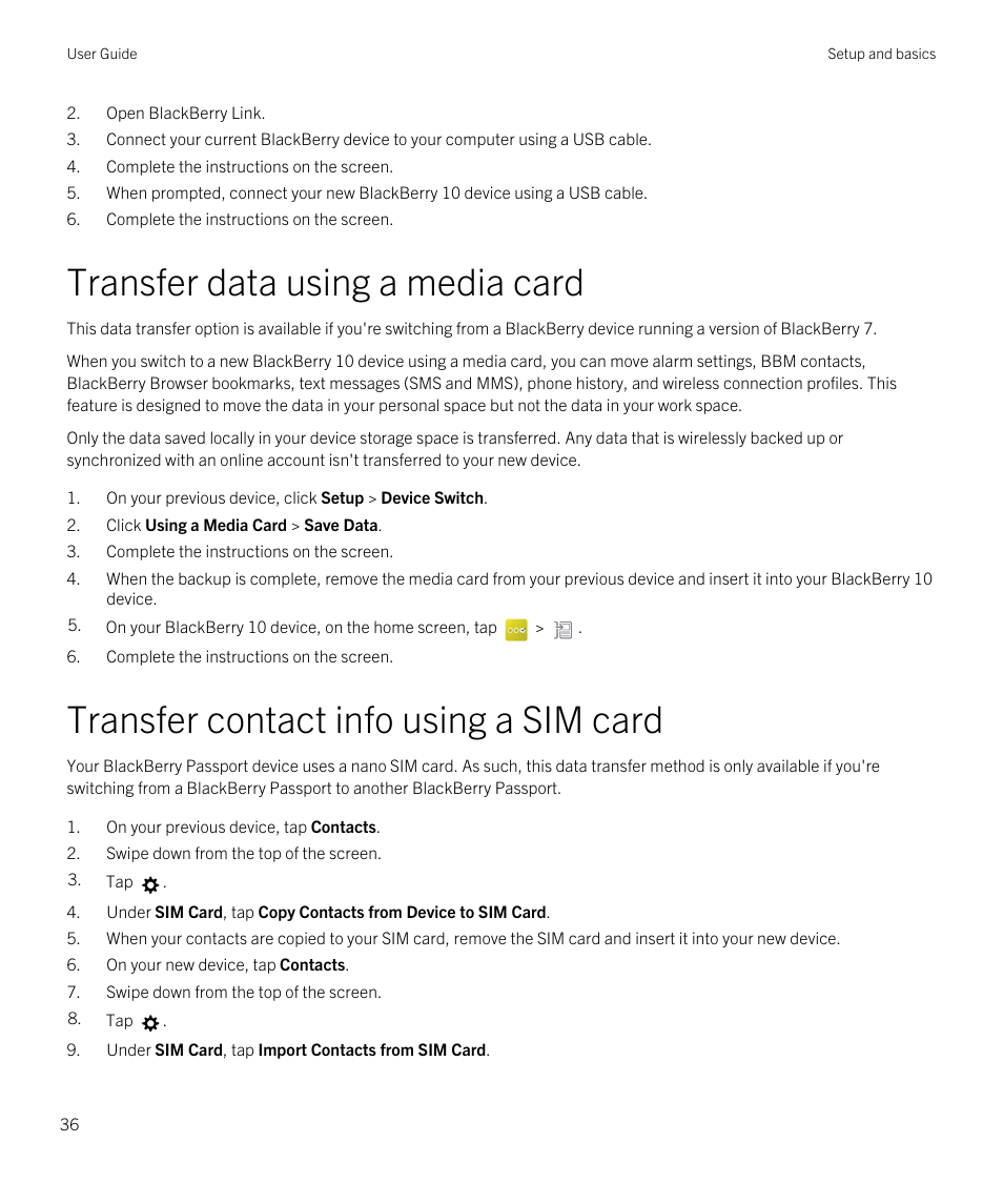 Transfer data using a media card, Transfer contact info using a sim card | Blackberry Passport User Manual | Page 36 / 278