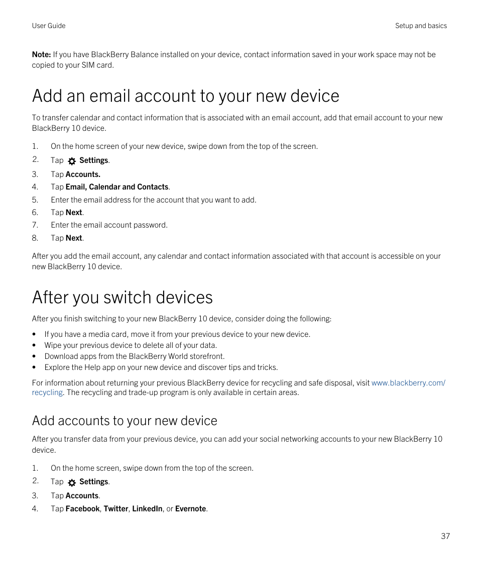 Add an email account to your new device, After you switch devices, Add accounts to your new device | Blackberry Passport User Manual | Page 37 / 278