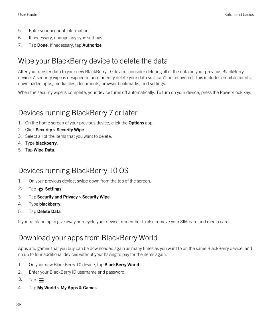 Wipe your blackberry device to delete the data, Download your apps from blackberry world, Devices running blackberry 7 or later | Devices running blackberry 10 os | Blackberry Passport User Manual | Page 38 / 278