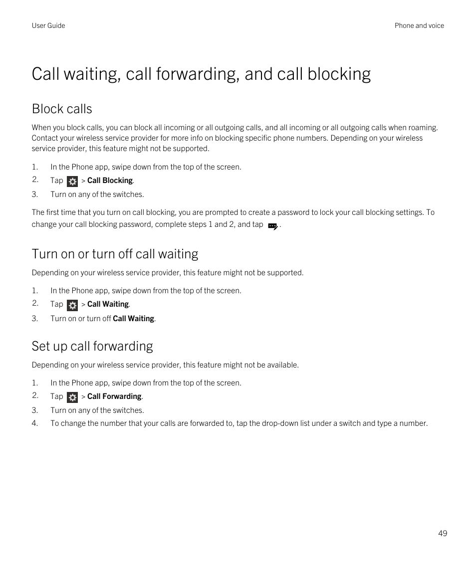 Call waiting, call forwarding, and call blocking, Block calls, Turn on or turn off call waiting | Set up call forwarding | Blackberry Passport User Manual | Page 49 / 278