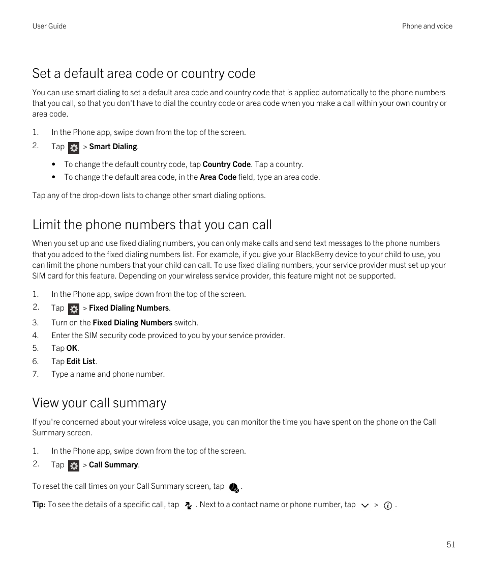 Set a default area code or country code, Limit the phone numbers that you can call, View your call summary | Blackberry Passport User Manual | Page 51 / 278