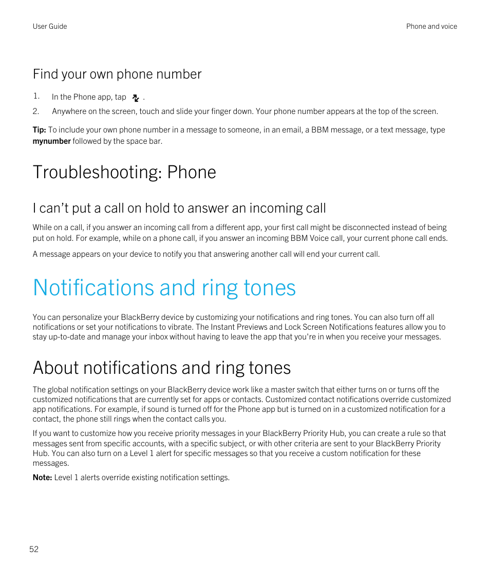 Find your own phone number, Troubleshooting: phone, Notifications and ring tones | About notifications and ring tones | Blackberry Passport User Manual | Page 52 / 278