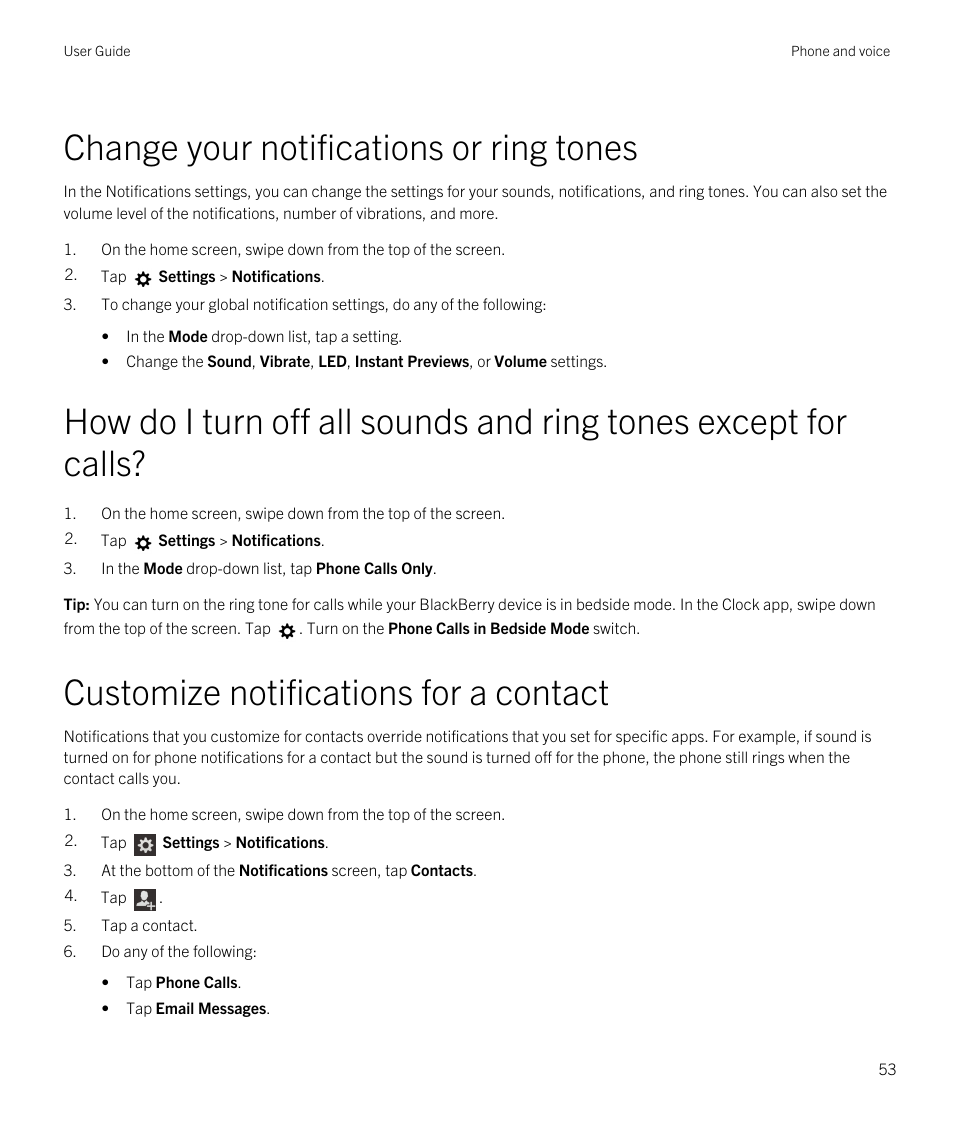 Change your notifications or ring tones, Customize notifications for a contact | Blackberry Passport User Manual | Page 53 / 278