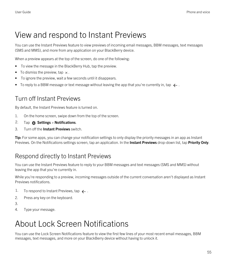 View and respond to instant previews, Turn off instant previews, Respond directly to instant previews | About lock screen notifications | Blackberry Passport User Manual | Page 55 / 278