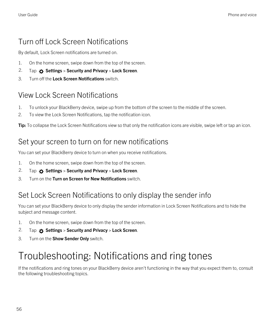 Turn off lock screen notifications, View lock screen notifications, Set your screen to turn on for new notifications | Troubleshooting: notifications and ring tones | Blackberry Passport User Manual | Page 56 / 278