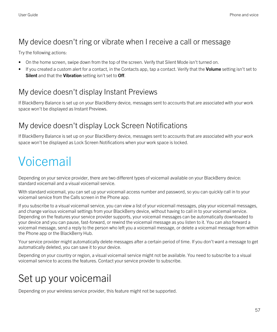 My device doesn't display instant previews, Voicemail, Set up your voicemail | Blackberry Passport User Manual | Page 57 / 278