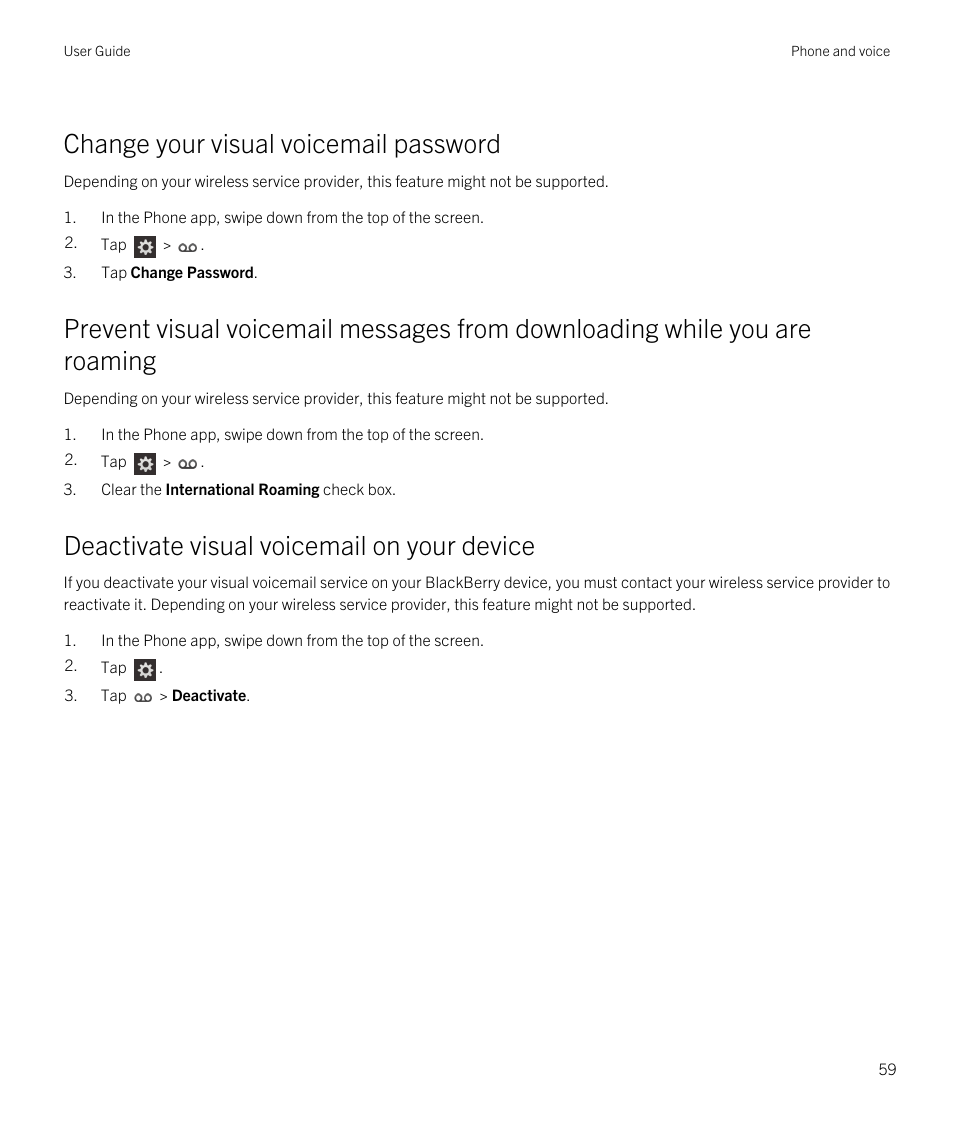 Change your visual voicemail password, Deactivate visual voicemail on your device | Blackberry Passport User Manual | Page 59 / 278
