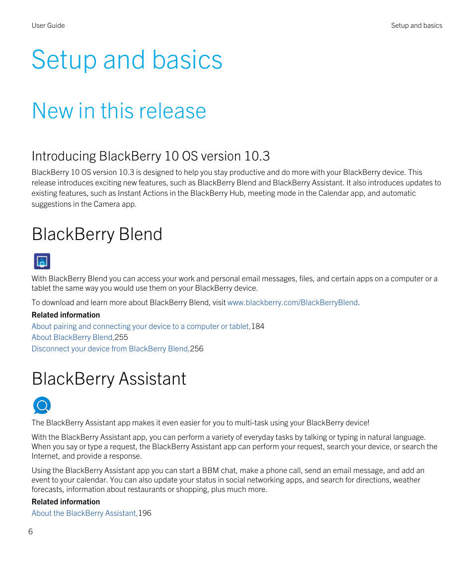 Setup and basics, New in this release, Blackberry blend | Blackberry assistant | Blackberry Passport User Manual | Page 6 / 278