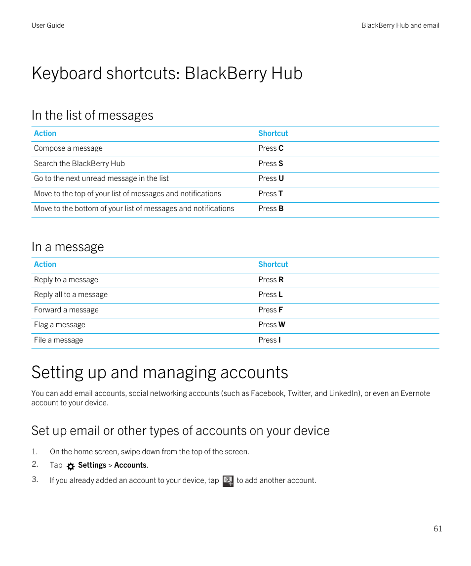 Keyboard shortcuts: blackberry hub, Setting up and managing accounts | Blackberry Passport User Manual | Page 61 / 278