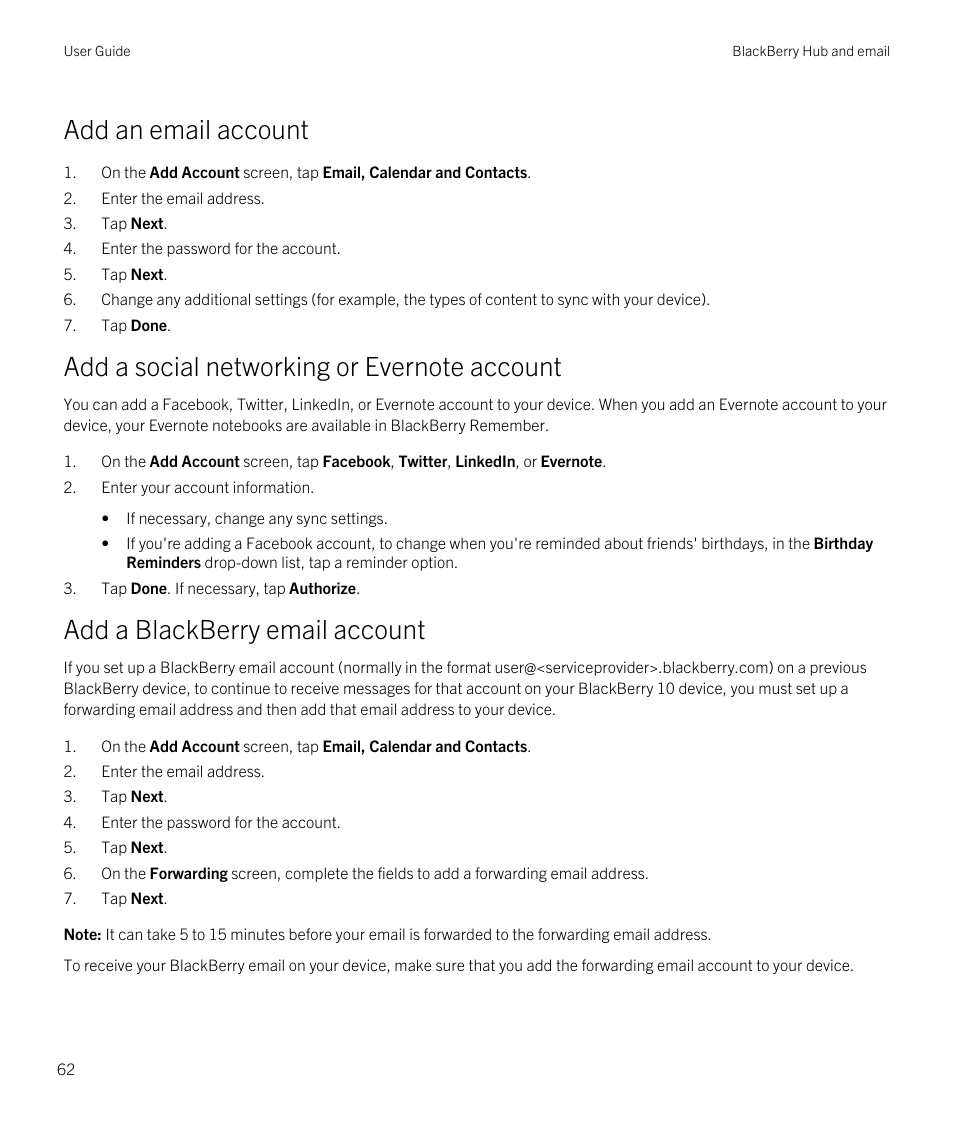 Add an email account, Add a blackberry email account | Blackberry Passport User Manual | Page 62 / 278