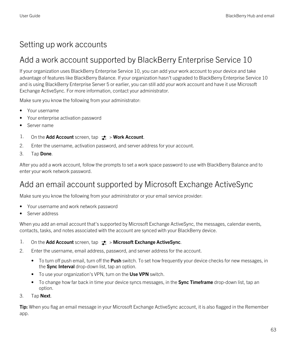 Setting up work accounts | Blackberry Passport User Manual | Page 63 / 278