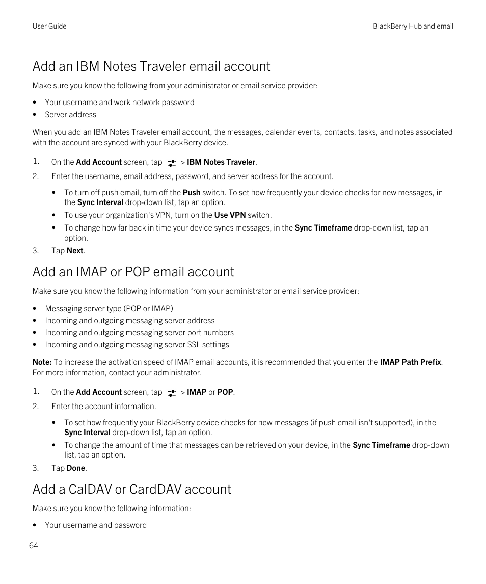 Add an imap or pop email account, Add a caldav or carddav account | Blackberry Passport User Manual | Page 64 / 278