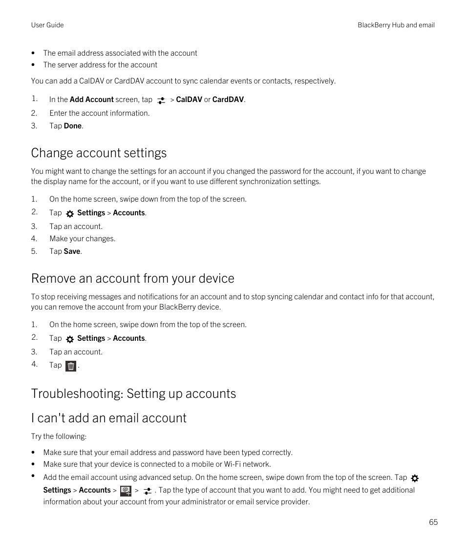 Change account settings, Remove an account from your device, Troubleshooting: setting up accounts | Blackberry Passport User Manual | Page 65 / 278