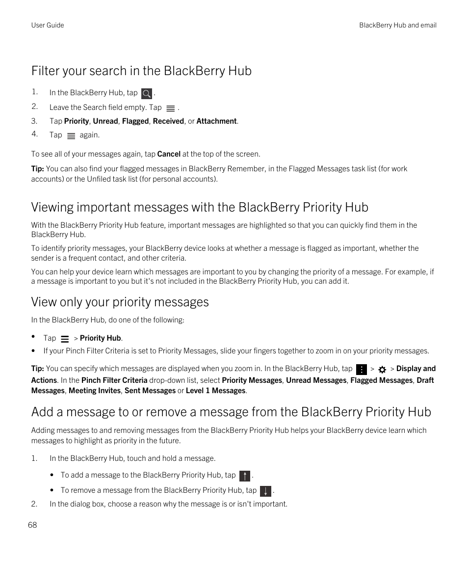 Filter your search in the blackberry hub, View only your priority messages | Blackberry Passport User Manual | Page 68 / 278