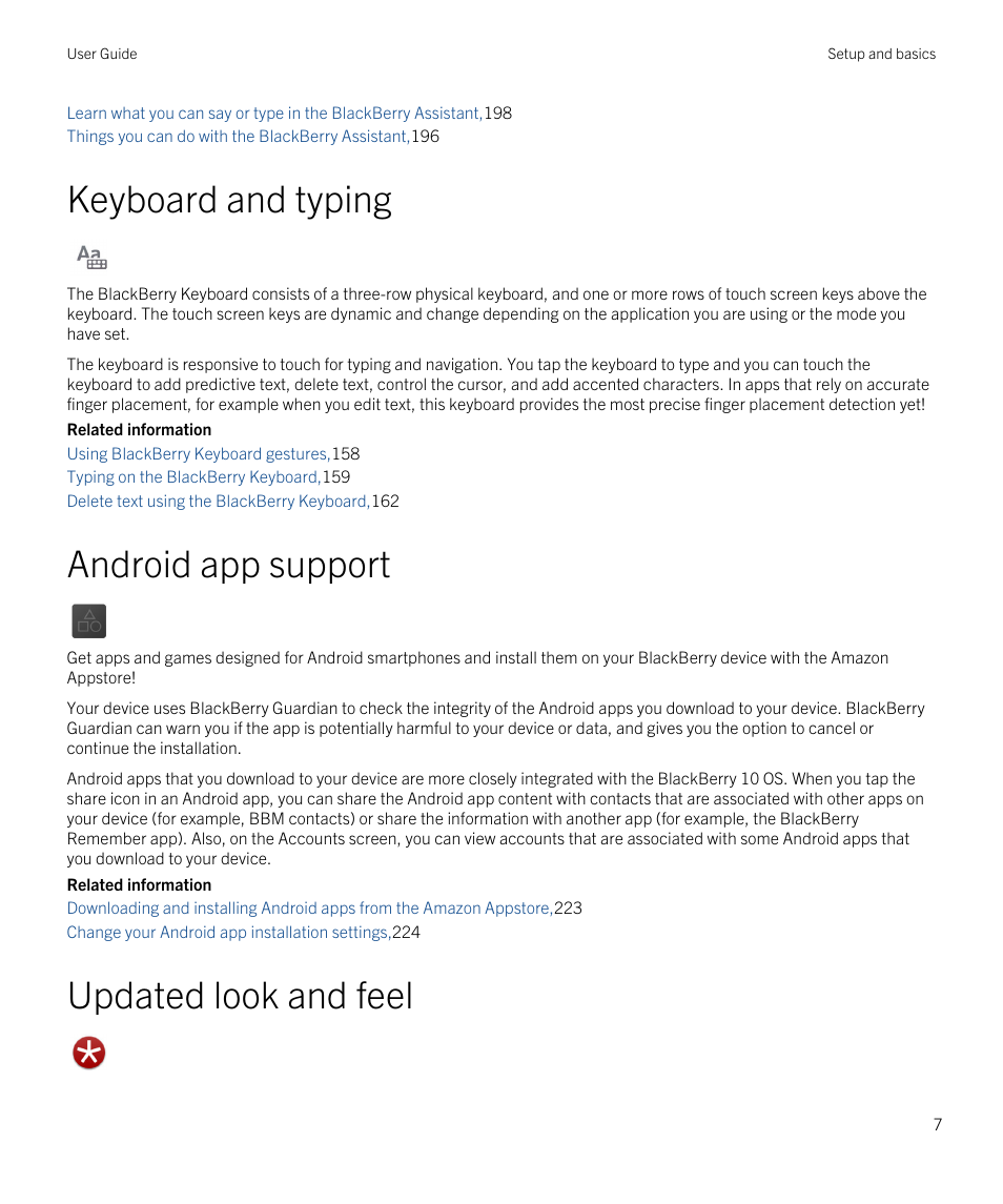 Keyboard and typing, Android app support, Updated look and feel | Blackberry Passport User Manual | Page 7 / 278