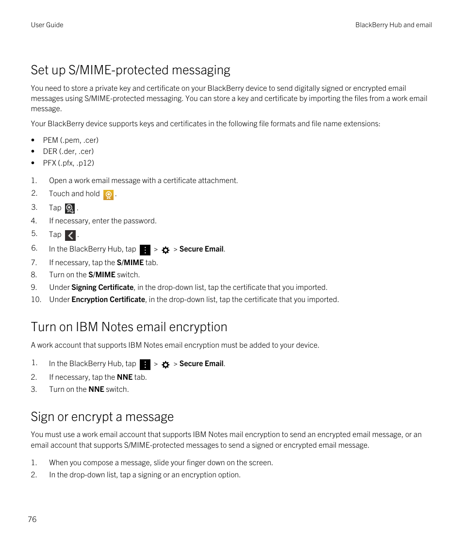 Set up s/mime-protected messaging, Sign or encrypt a message | Blackberry Passport User Manual | Page 76 / 278