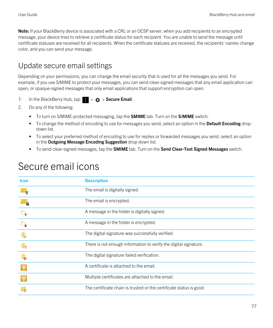 Update secure email settings, Secure email icons | Blackberry Passport User Manual | Page 77 / 278