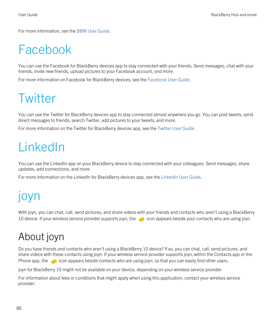 Facebook, Twitter, Linkedin | Joyn, About joyn, Facebook twitter linkedin joyn | Blackberry Passport User Manual | Page 86 / 278