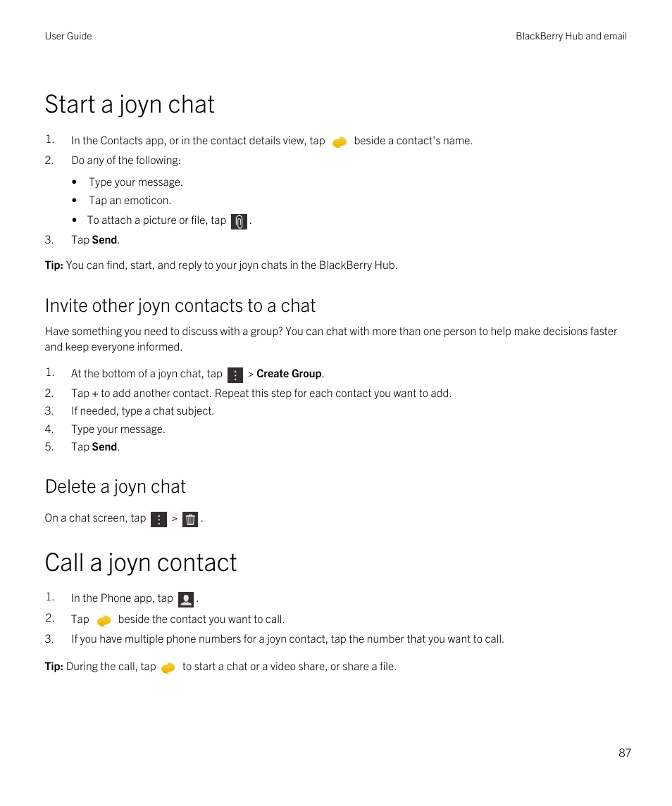 Start a joyn chat, Call a joyn contact, Invite other joyn contacts to a chat | Delete a joyn chat | Blackberry Passport User Manual | Page 87 / 278