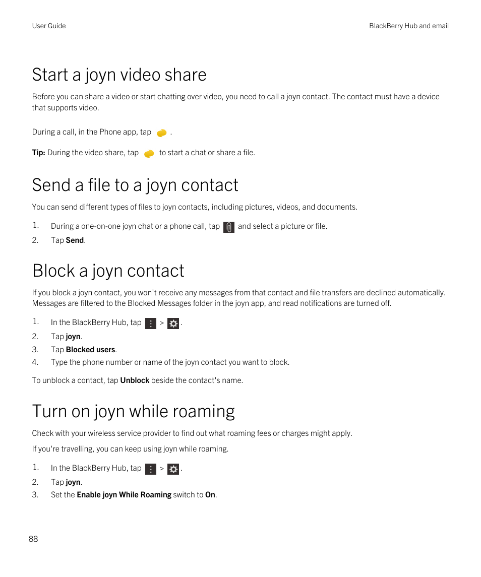 Start a joyn video share, Send a file to a joyn contact, Block a joyn contact | Turn on joyn while roaming | Blackberry Passport User Manual | Page 88 / 278