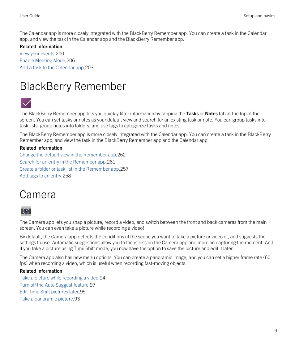 Blackberry remember, Camera | Blackberry Passport User Manual | Page 9 / 278