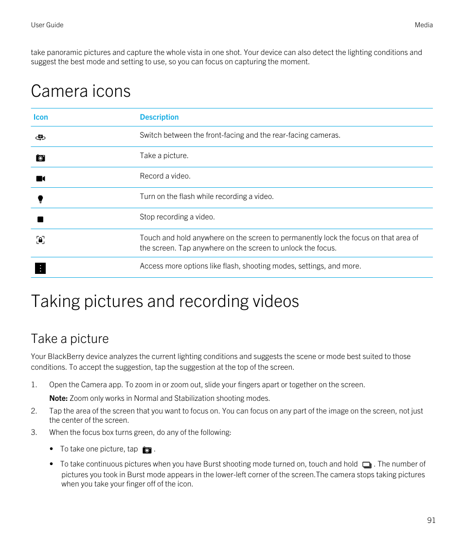 Camera icons, Taking pictures and recording videos, Take a picture | Blackberry Passport User Manual | Page 91 / 278