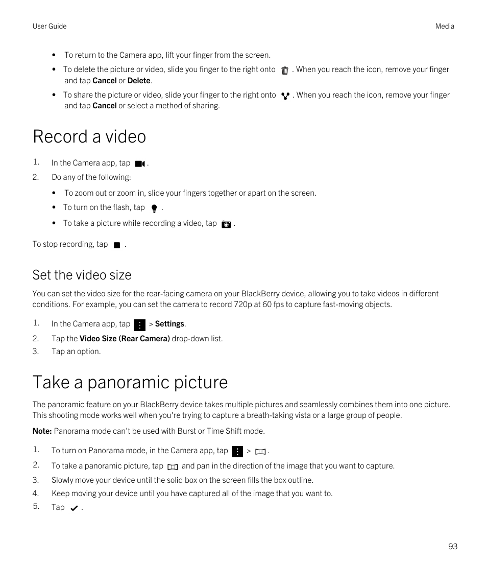 Record a video, Set the video size, Take a panoramic picture | Blackberry Passport User Manual | Page 93 / 278