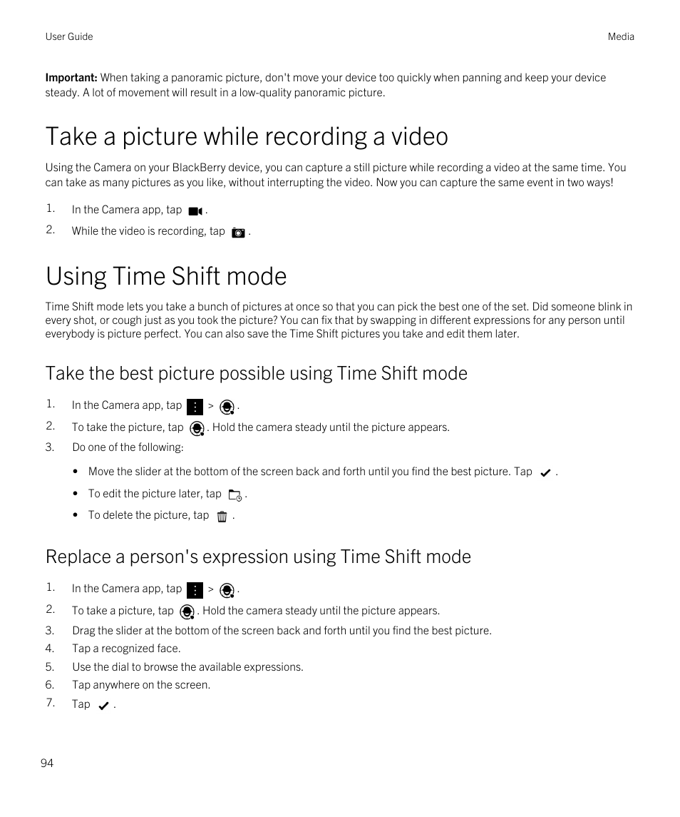 Take a picture while recording a video, Using time shift mode | Blackberry Passport User Manual | Page 94 / 278