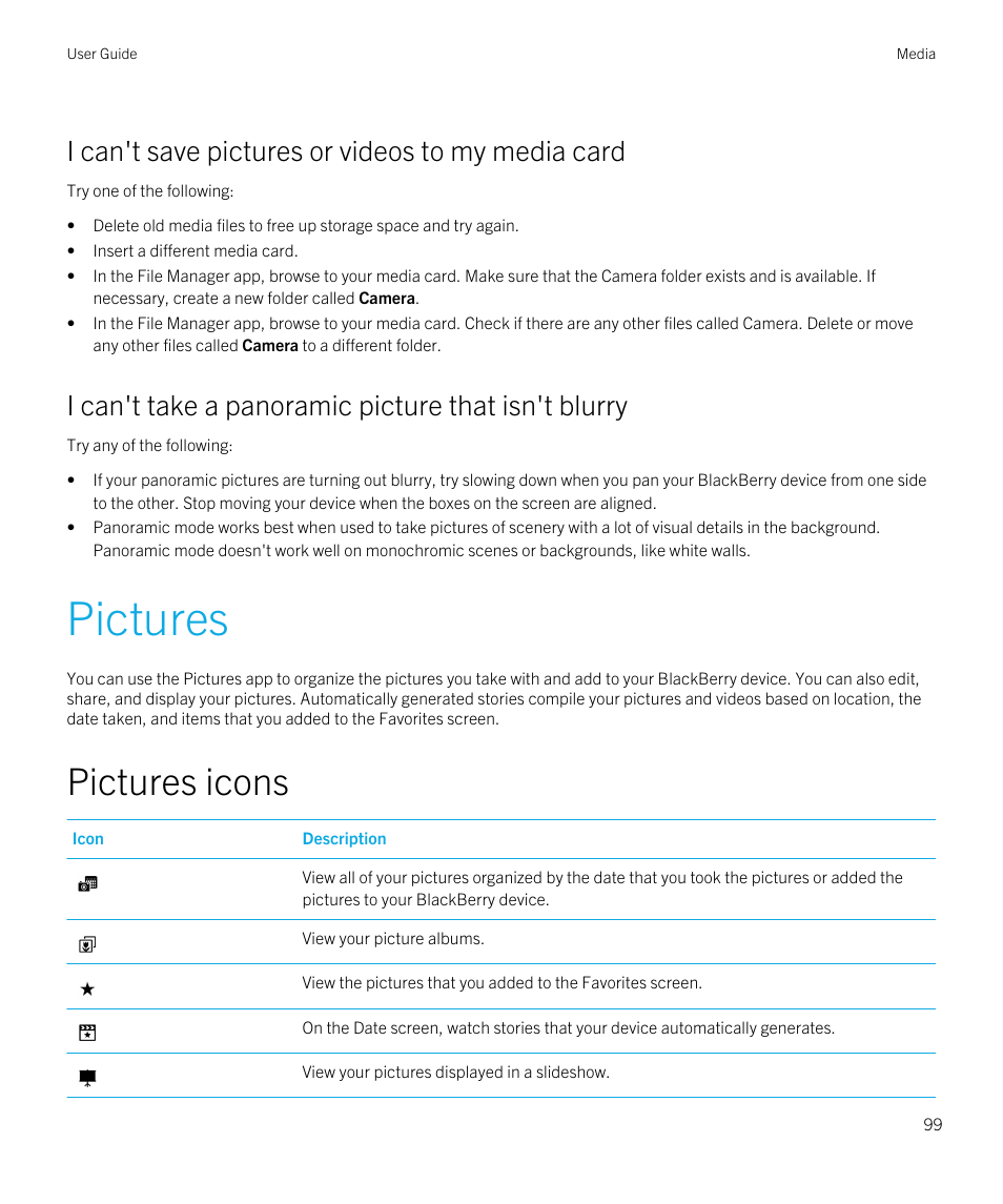 I can't save pictures or videos to my media card, I can't take a panoramic picture that isn't blurry, Pictures | Pictures icons | Blackberry Passport User Manual | Page 99 / 278