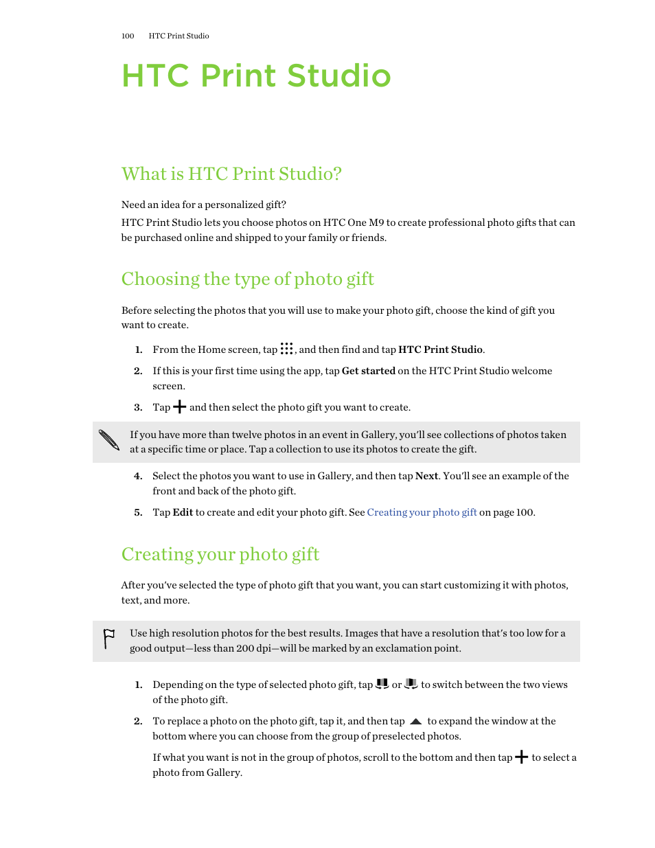 Htc print studio, What is htc print studio, Choosing the type of photo gift | Creating your photo gift | HTC One M9 User Manual | Page 100 / 197