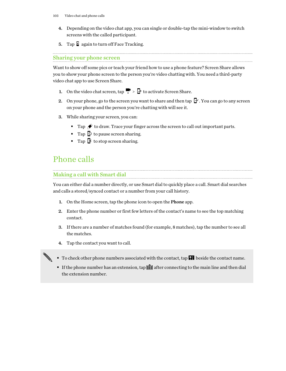 Sharing your phone screen, Phone calls, Making a call with smart dial | HTC One M9 User Manual | Page 103 / 197