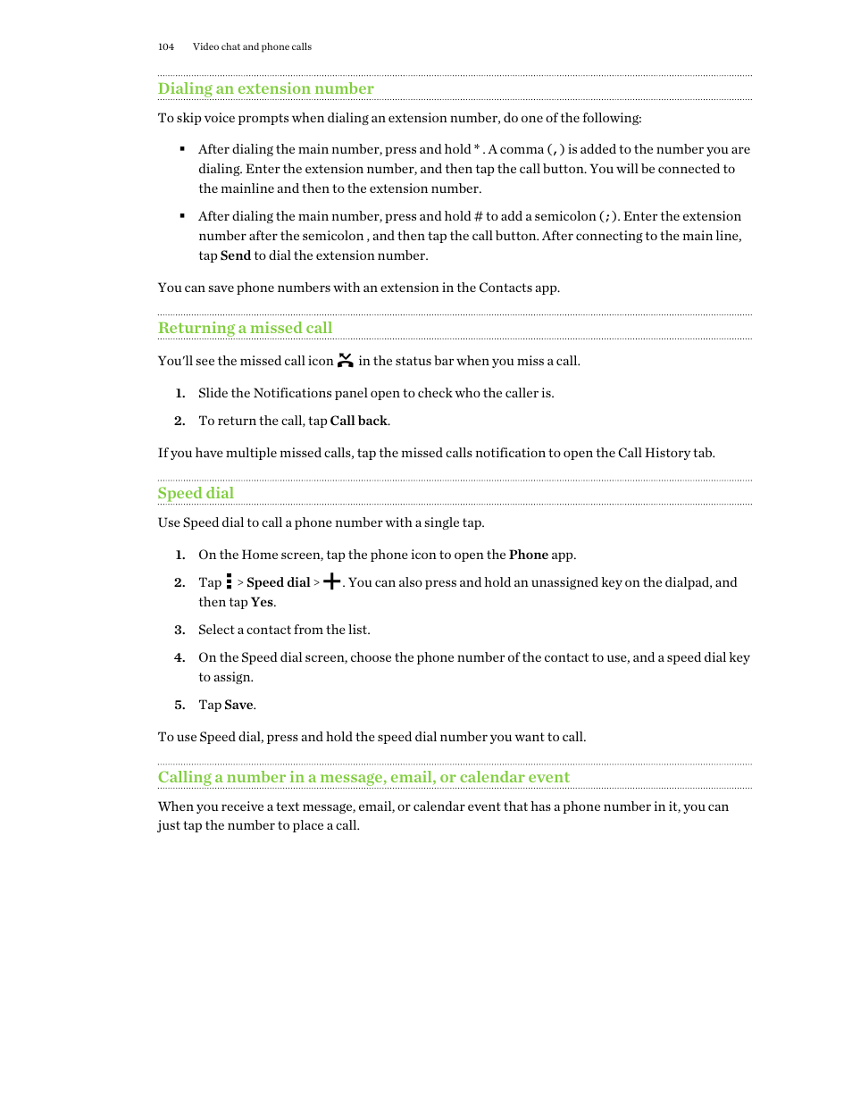 Dialing an extension number, Returning a missed call, Speed dial | HTC One M9 User Manual | Page 104 / 197