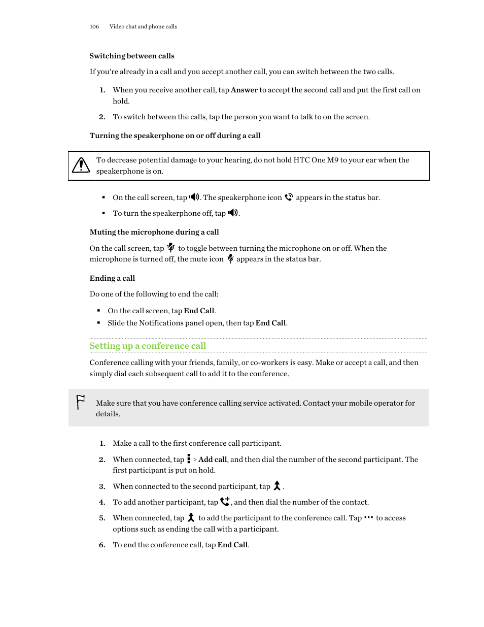 Switching between calls, Turning the speakerphone on or off during a call, Muting the microphone during a call | Ending a call, Setting up a conference call | HTC One M9 User Manual | Page 106 / 197