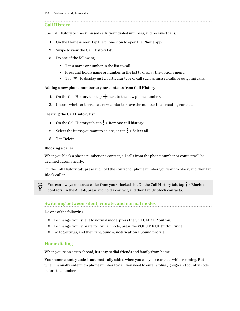 Call history, Clearing the call history list, Blocking a caller | Home dialing | HTC One M9 User Manual | Page 107 / 197