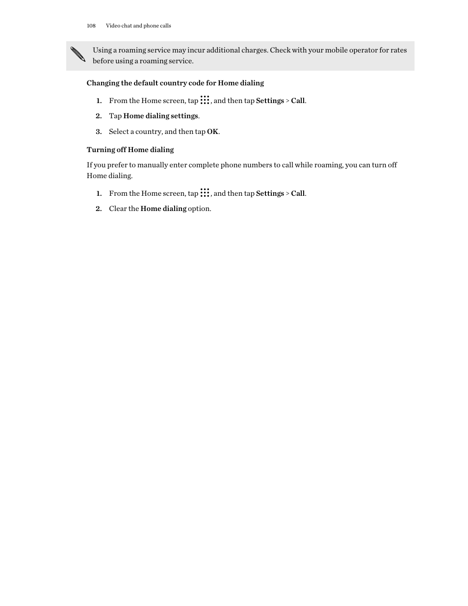 Changing the default country code for home dialing, Turning off home dialing | HTC One M9 User Manual | Page 108 / 197