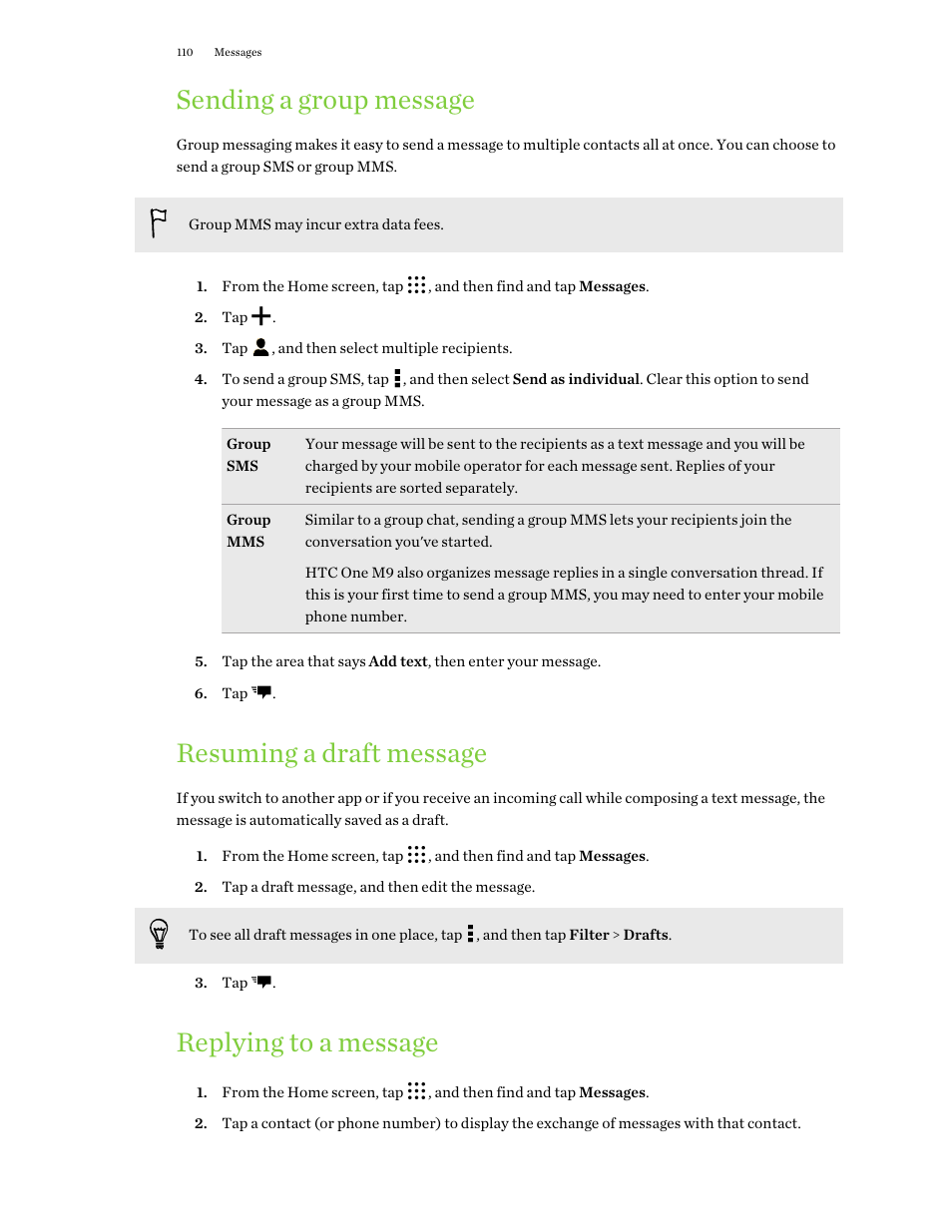 Sending a group message, Resuming a draft message, Replying to a message | HTC One M9 User Manual | Page 110 / 197