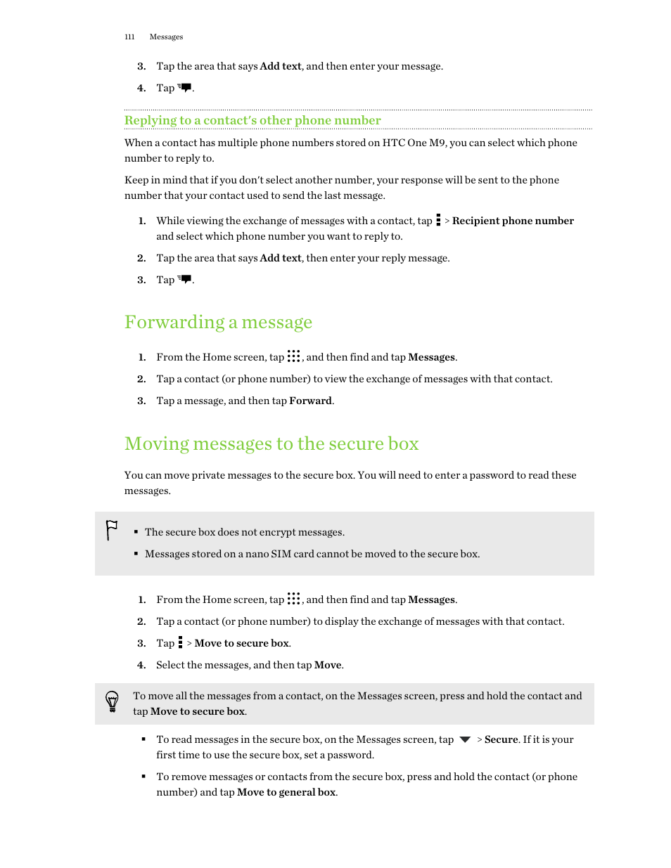 Replying to a contact's other phone number, Forwarding a message, Moving messages to the secure box | HTC One M9 User Manual | Page 111 / 197