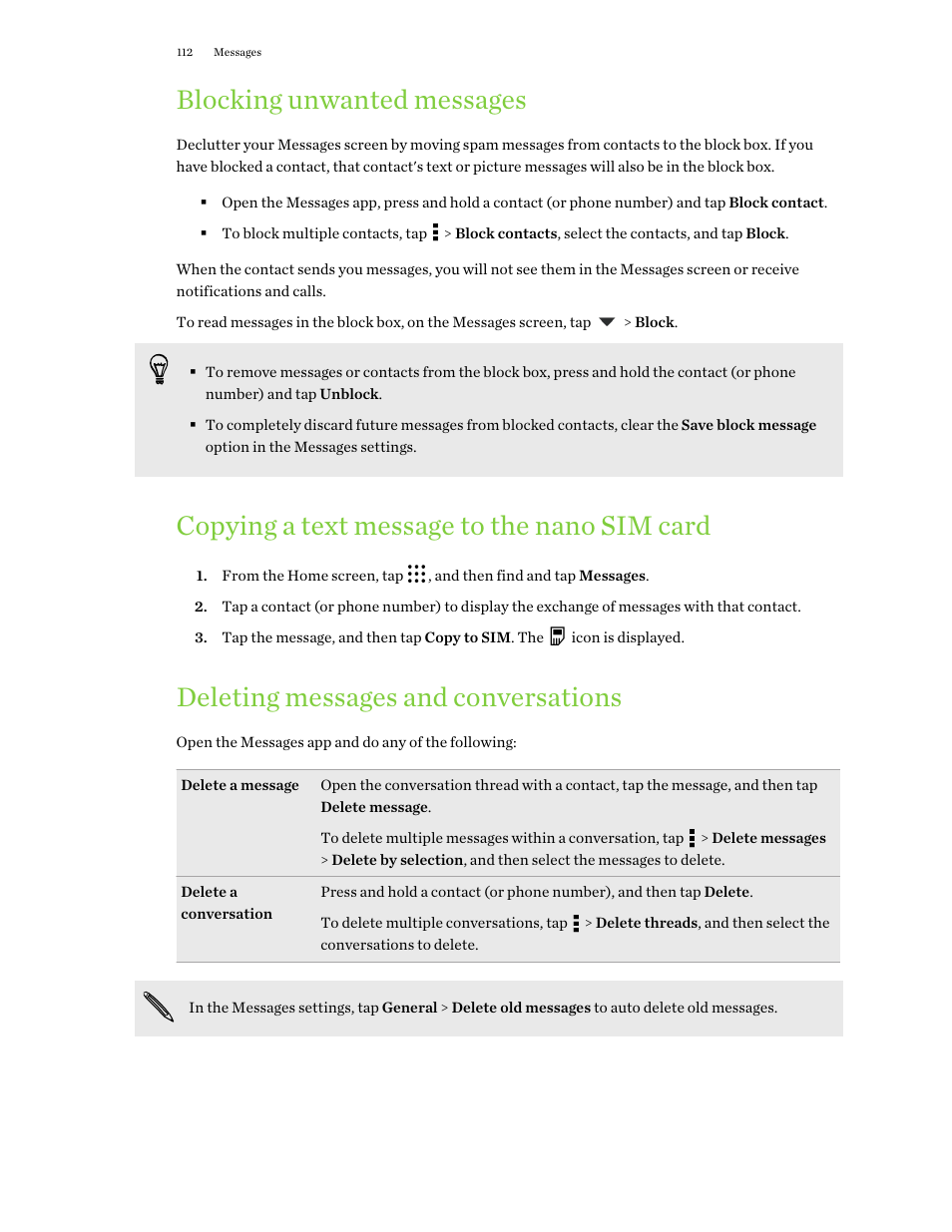 Blocking unwanted messages, Copying a text message to the nano sim card, Deleting messages and conversations | HTC One M9 User Manual | Page 112 / 197