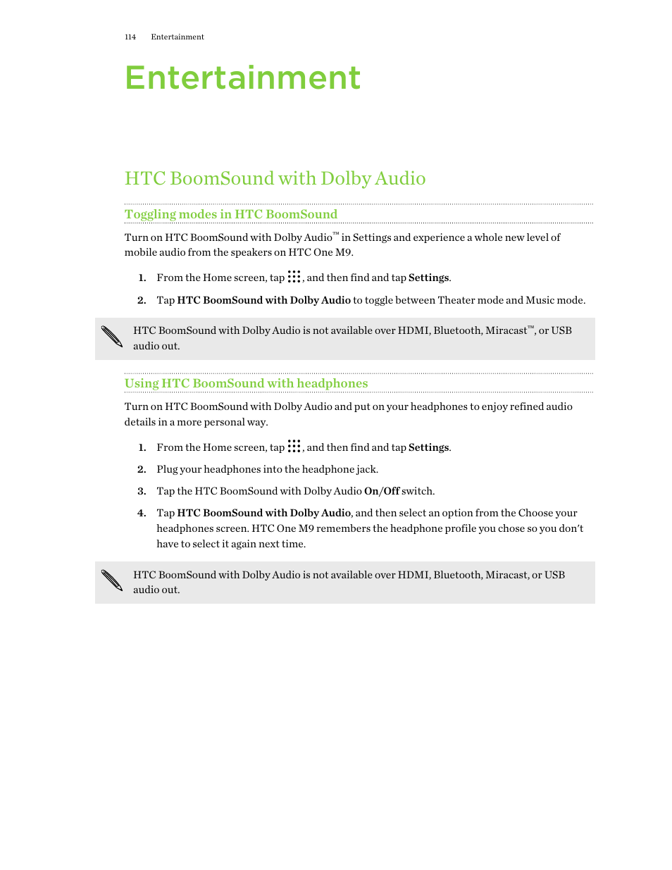 Entertainment, Htc boomsound with dolby audio, Toggling modes in htc boomsound | Using htc boomsound with headphones | HTC One M9 User Manual | Page 114 / 197