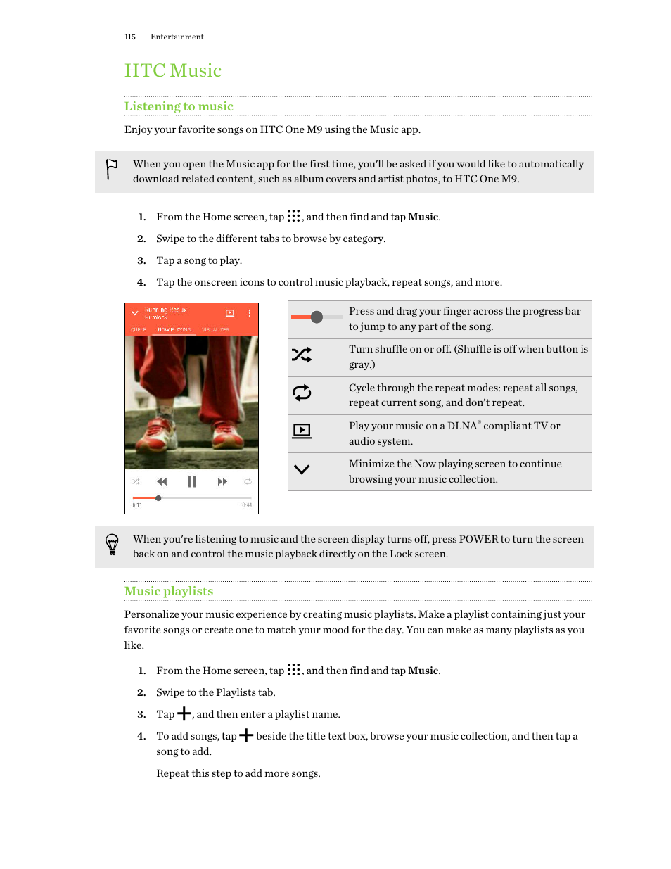 Htc music, Listening to music, Music playlists | HTC One M9 User Manual | Page 115 / 197