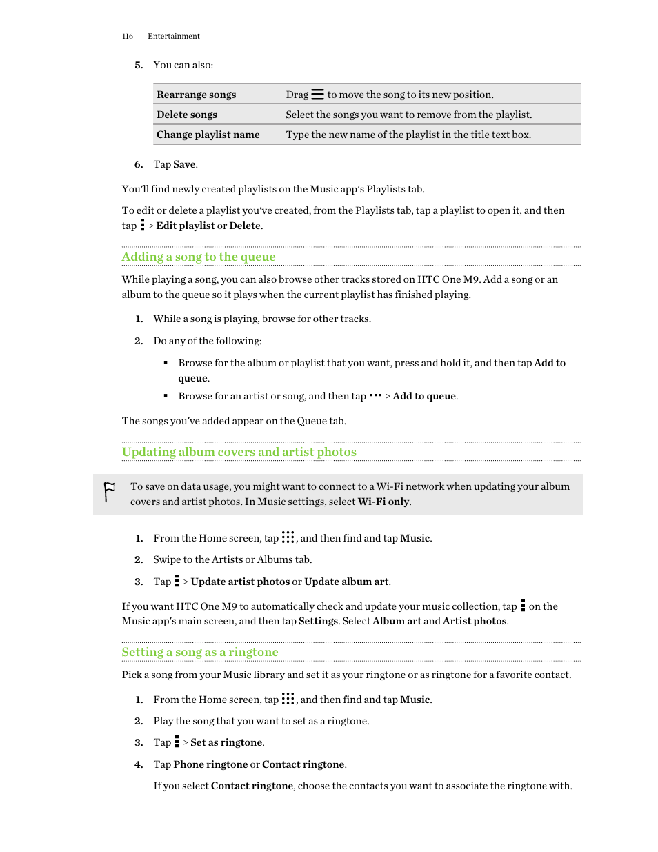 Adding a song to the queue, Updating album covers and artist photos, Setting a song as a ringtone | HTC One M9 User Manual | Page 116 / 197