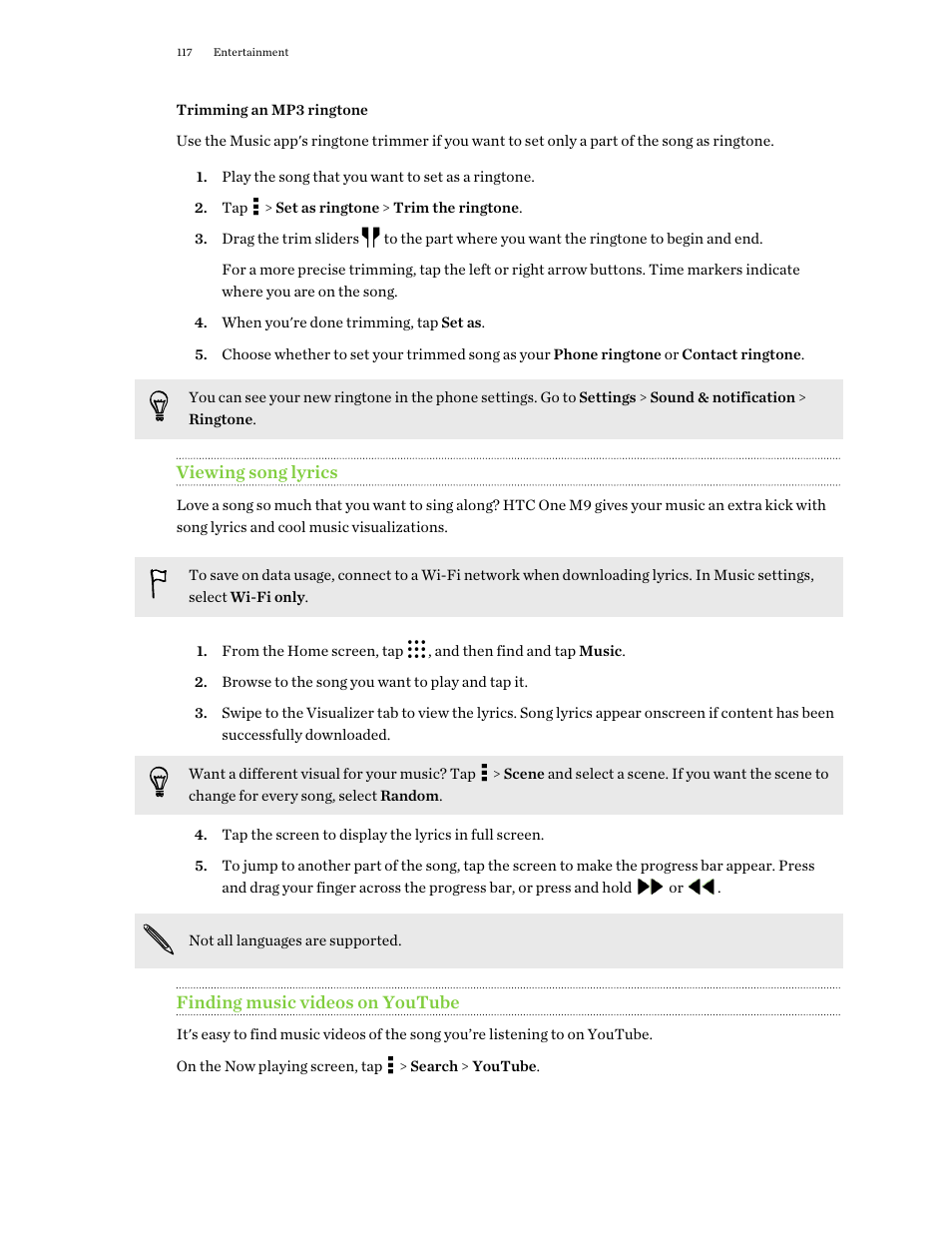 Trimming an mp3 ringtone, Viewing song lyrics, Finding music videos on youtube | HTC One M9 User Manual | Page 117 / 197