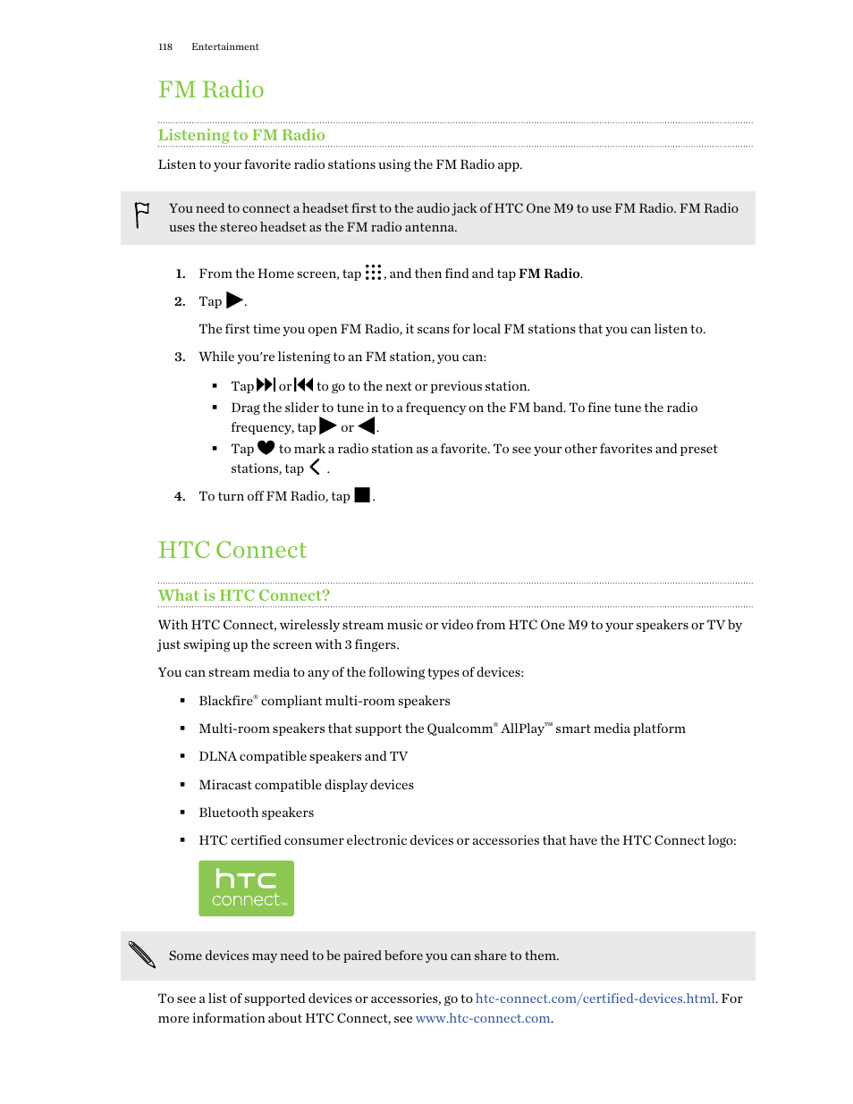 Fm radio, Listening to fm radio, Htc connect | What is htc connect | HTC One M9 User Manual | Page 118 / 197
