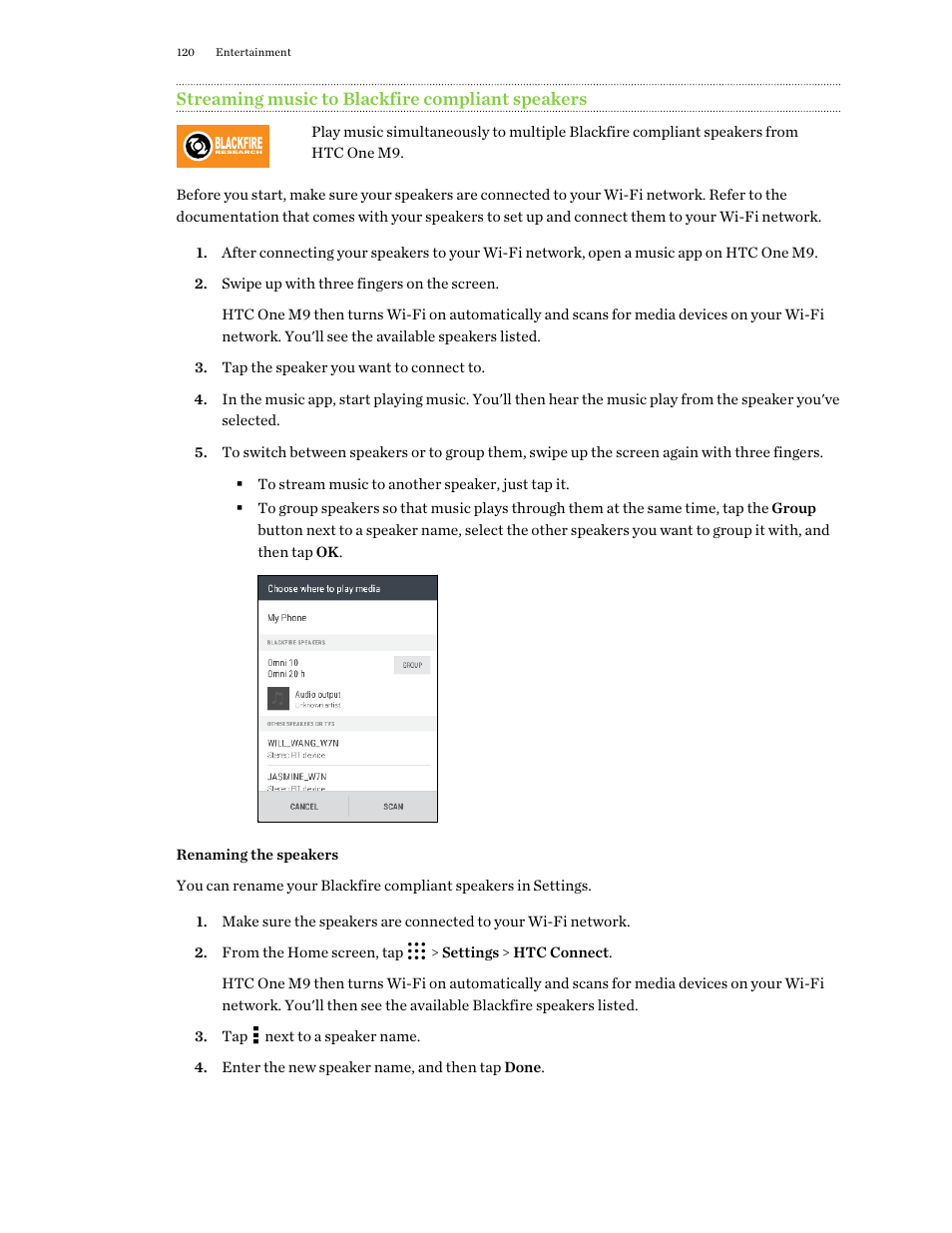 Streaming music to blackfire compliant speakers, Renaming the speakers | HTC One M9 User Manual | Page 120 / 197