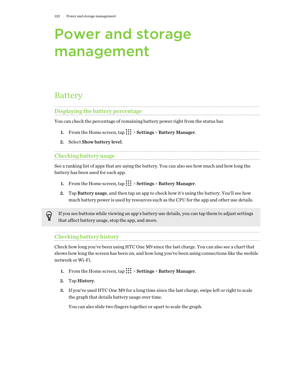 Power and storage management, Battery, Displaying the battery percentage | Checking battery usage, Checking battery history | HTC One M9 User Manual | Page 123 / 197
