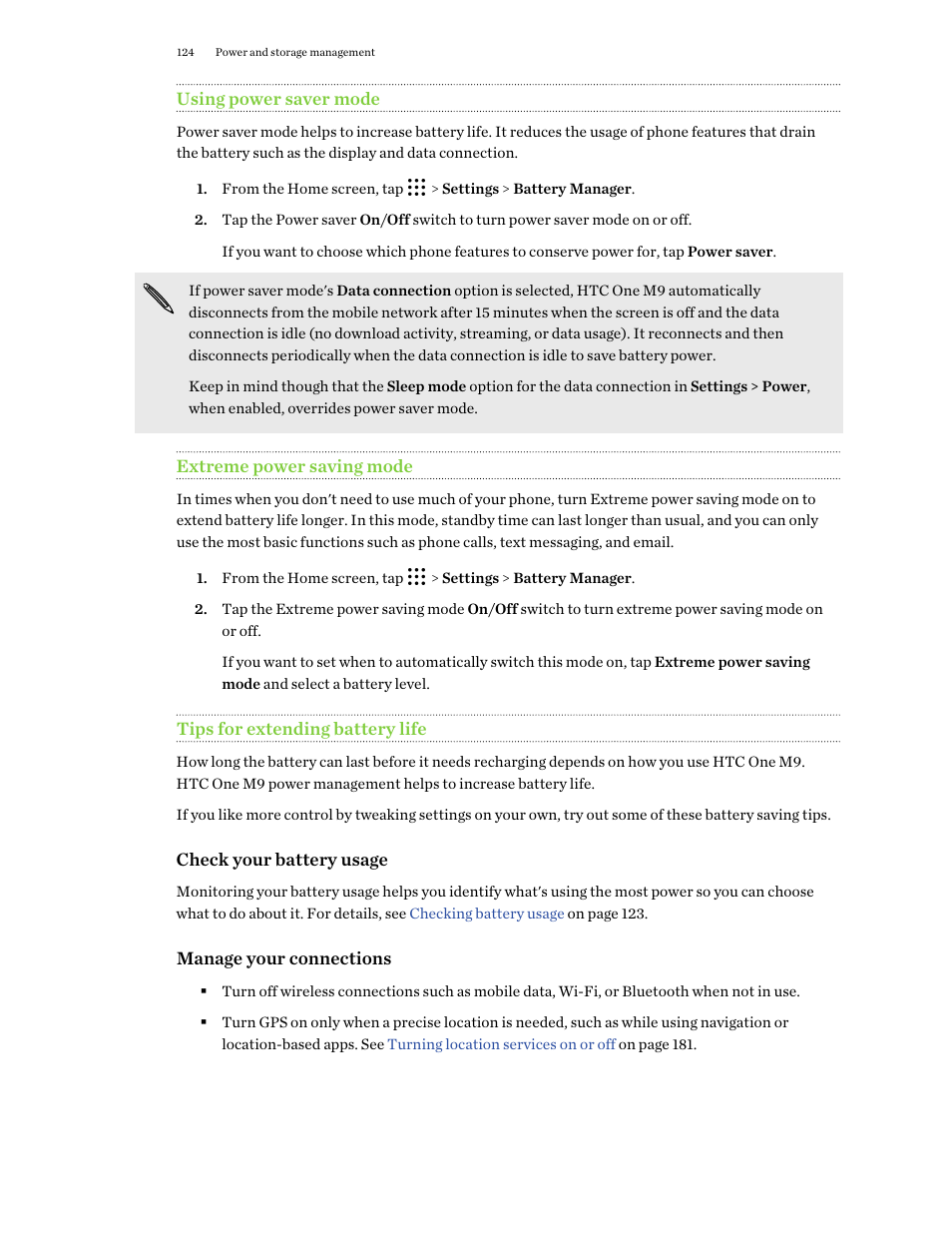 Using power saver mode, Extreme power saving mode, Tips for extending battery life | HTC One M9 User Manual | Page 124 / 197