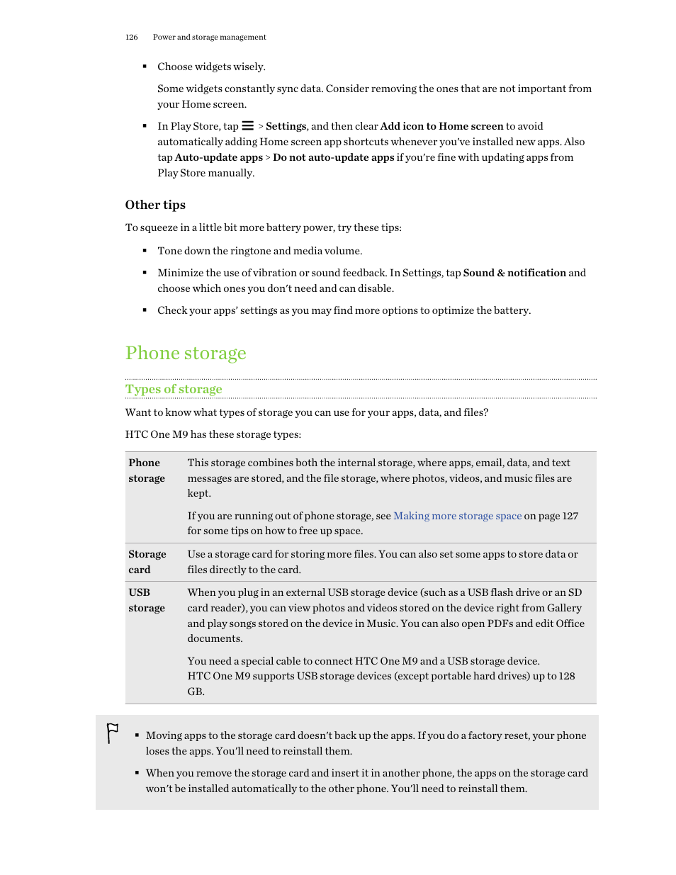 Phone storage, Types of storage | HTC One M9 User Manual | Page 126 / 197