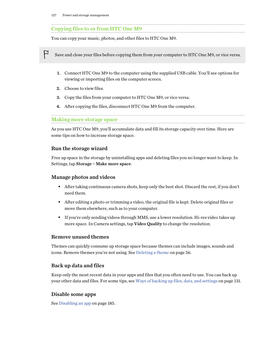 Copying files to or from htc one m9, Making more storage space | HTC One M9 User Manual | Page 127 / 197